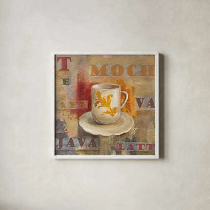 Urban Cafe II by Silvia Vassileva. Shown in a crisp white glass frame for a clean and minimalist style. Available as an archival giclee rolled canvas, fine art paper, or poster print. SKU 4113a.