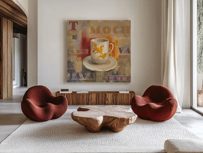 Urban Cafe II by Silvia Vassileva. Shown as extra-large giant wall art in a modern living room. Available as an archival giclee rolled canvas, fine art paper, or poster print. SKU 4113a.