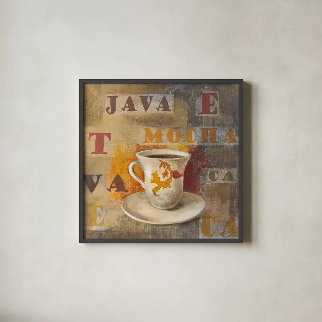 Urban Cafe III by Silvia Vassileva. Shown in a sleek black glass frame for a contemporary gallery look. Available as an archival giclee rolled canvas, fine art paper, or poster print. SKU 4114a.