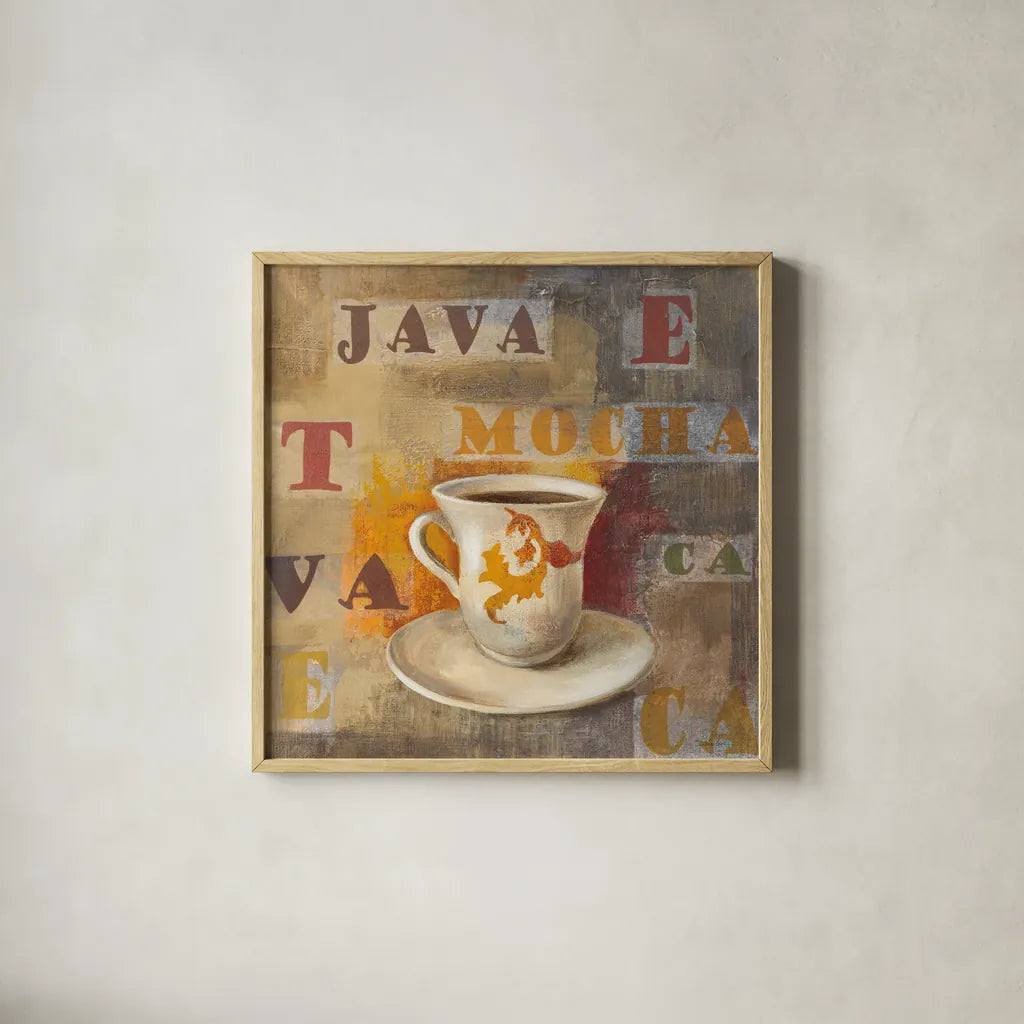 Urban Cafe III by Silvia Vassileva. Shown in a natural wood glass frame for a timeless modern aesthetic. Available as an archival giclee rolled canvas, fine art paper, or poster print. SKU 4114a.