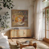 Urban Cafe III by Silvia Vassileva. Shown in a natural wood frame in a cozy modern living room. Available as an archival giclee rolled canvas, fine art paper, or poster print. SKU 4114a.