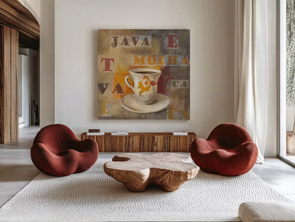 Urban Cafe III by Silvia Vassileva. Shown as extra-large giant wall art in a modern living room. Available as an archival giclee rolled canvas, fine art paper, or poster print. SKU 4114a.