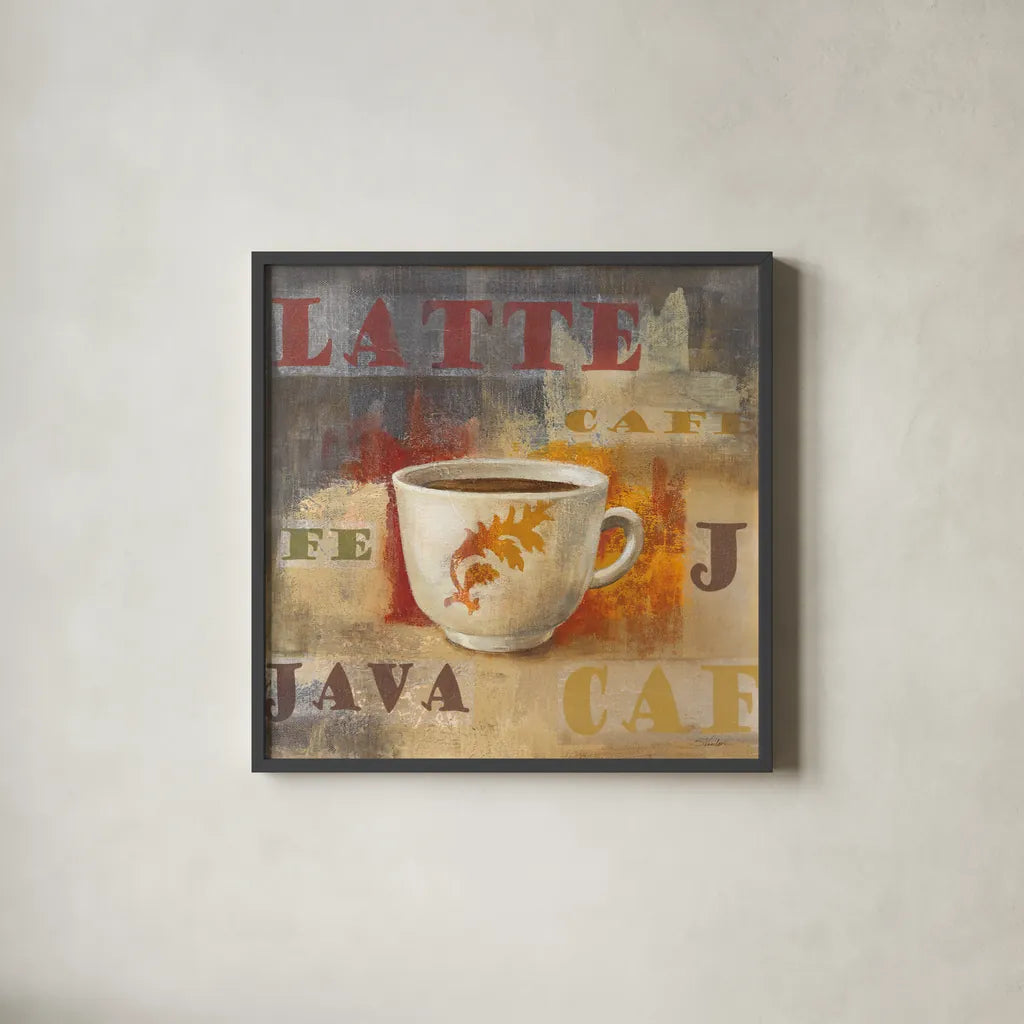 Urban Cafe IV by Silvia Vassileva. Shown in a sleek black glass frame for a contemporary gallery look. Available as an archival giclee rolled canvas, fine art paper, or poster print. SKU 4115a.