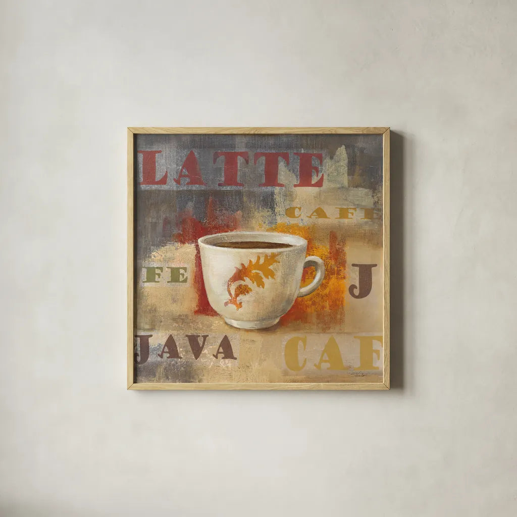 Urban Cafe IV by Silvia Vassileva. Shown in a natural wood glass frame for a timeless modern aesthetic. Available as an archival giclee rolled canvas, fine art paper, or poster print. SKU 4115a.