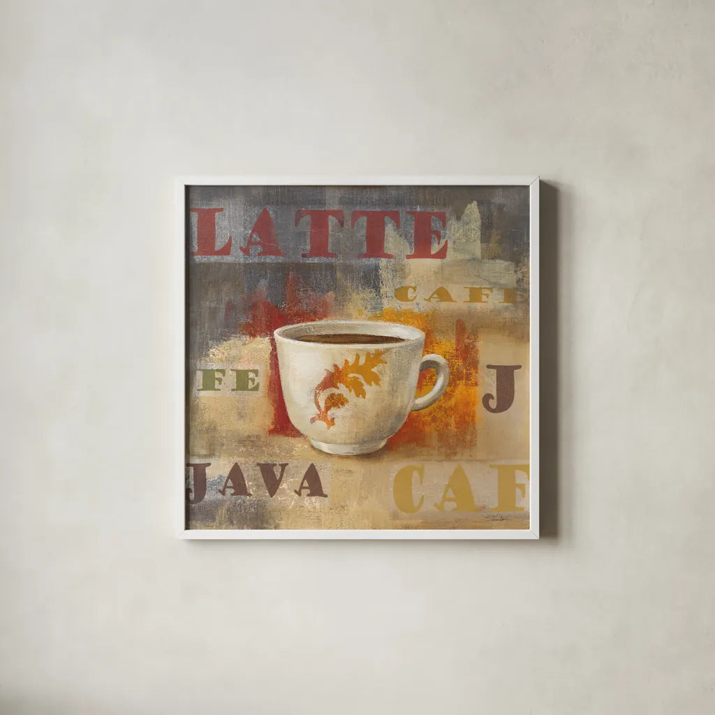Urban Cafe IV by Silvia Vassileva. Shown in a crisp white glass frame for a clean and minimalist style. Available as an archival giclee rolled canvas, fine art paper, or poster print. SKU 4115a.