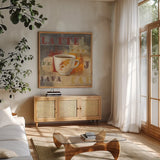 Urban Cafe IV by Silvia Vassileva. Shown in a natural wood frame in a cozy modern living room. Available as an archival giclee rolled canvas, fine art paper, or poster print. SKU 4115a.