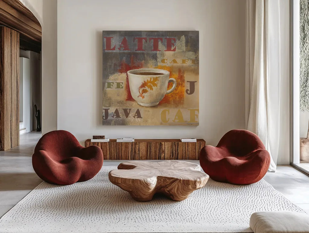 Urban Cafe IV by Silvia Vassileva. Shown as extra-large giant wall art in a modern living room. Available as an archival giclee rolled canvas, fine art paper, or poster print. SKU 4115a.