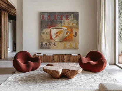 Urban Cafe IV by Silvia Vassileva. Shown as extra-large giant wall art in a modern living room. Available as an archival giclee rolled canvas, fine art paper, or poster print. SKU 4115a.
