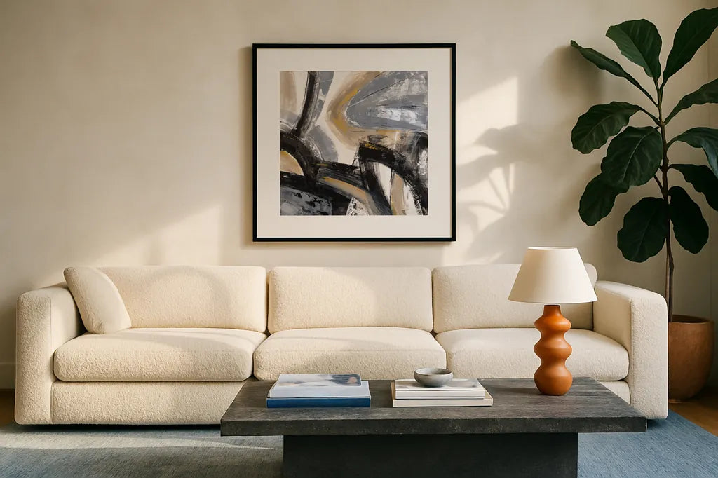 Urban Graffiti I by Silvia Vassileva. Displayed in a glass frame with matte in a clean modern living room. Available as an archival giclee rolled canvas, fine art paper, or poster print. SKU 65676a.