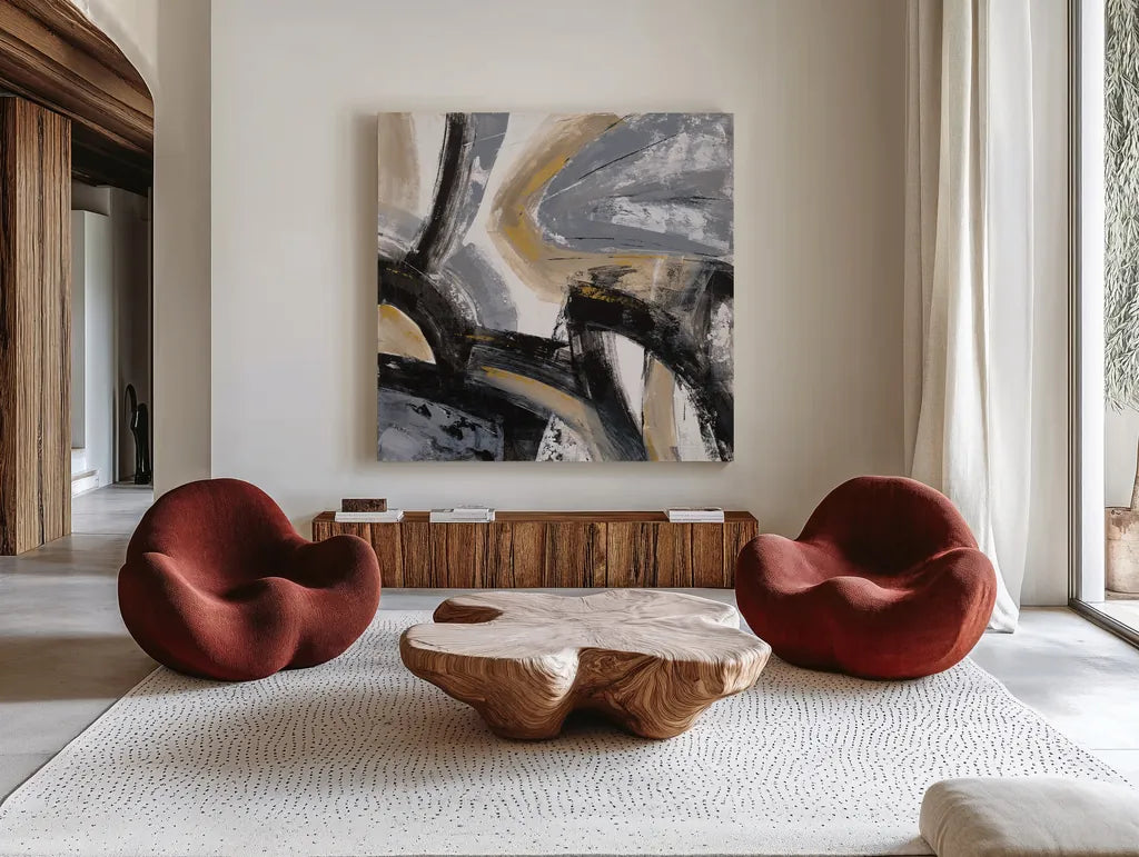 Urban Graffiti I by Silvia Vassileva. Shown as extra-large giant wall art in a modern living room. Available as an archival giclee rolled canvas, fine art paper, or poster print. SKU 65676a.