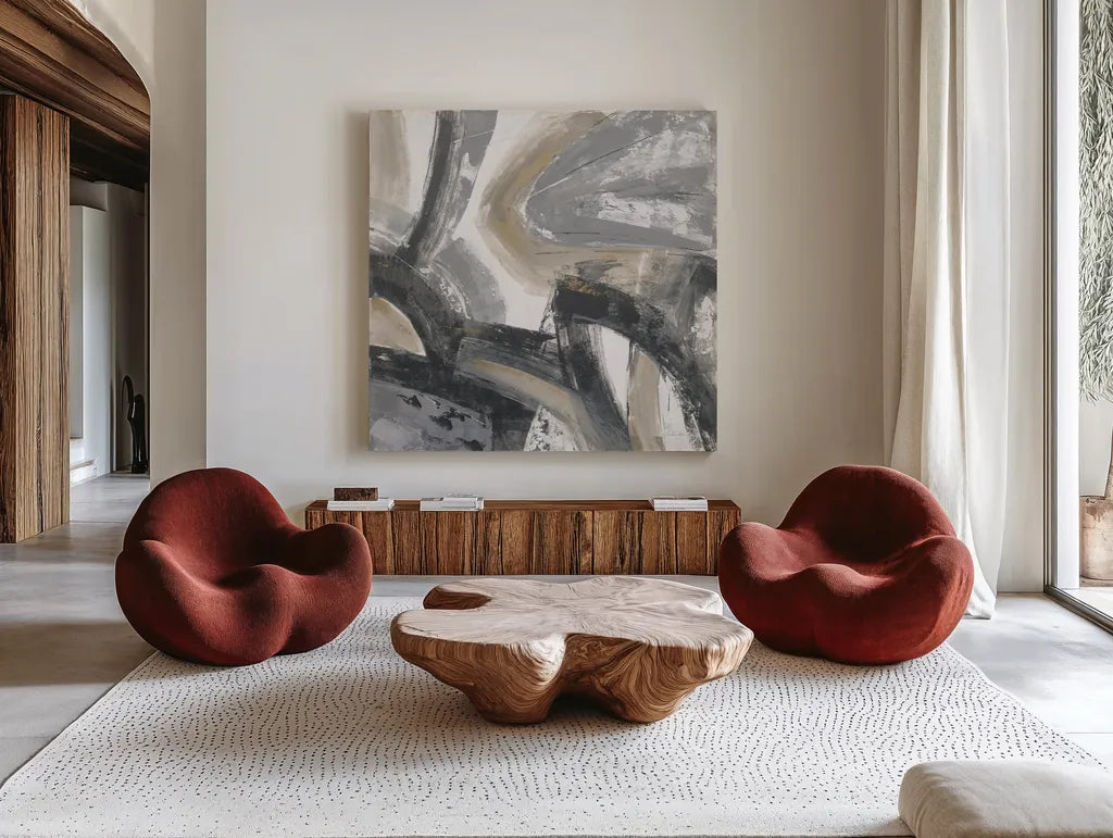 Urban Graffiti I Neutral by Silvia Vassileva. Shown as extra-large giant wall art in a modern living room. Available as an archival giclee rolled canvas, fine art paper, or poster print. SKU 68063a.