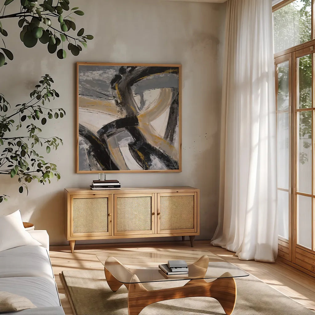 Urban Graffiti II by Silvia Vassileva. Shown in a natural wood frame in a cozy modern living room. Available as an archival giclee rolled canvas, fine art paper, or poster print. SKU 65677a.