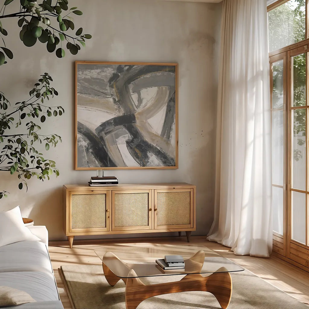 Urban Graffiti II Neutral by Silvia Vassileva. Shown in a natural wood frame in a cozy modern living room. Available as an archival giclee rolled canvas, fine art paper, or poster print. SKU 68064a.