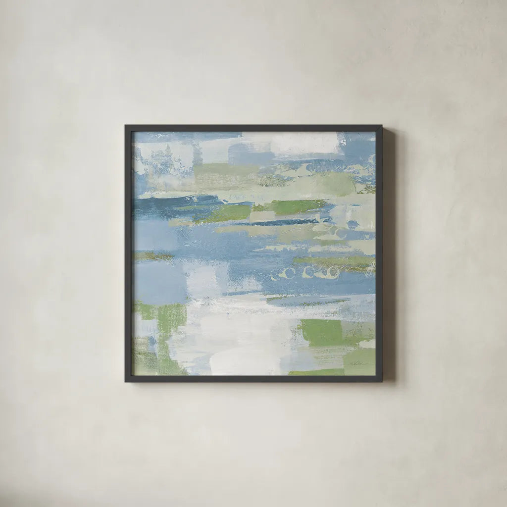 Urban Walkway II Blue and Green by Silvia Vassileva. Shown in a sleek black glass frame for a contemporary gallery look. Available as an archival giclee rolled canvas, fine art paper, or poster print. SKU 23628a.