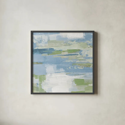 Urban Walkway II Blue and Green by Silvia Vassileva. Shown in a sleek black glass frame for a contemporary gallery look. Available as an archival giclee rolled canvas, fine art paper, or poster print. SKU 23628a.