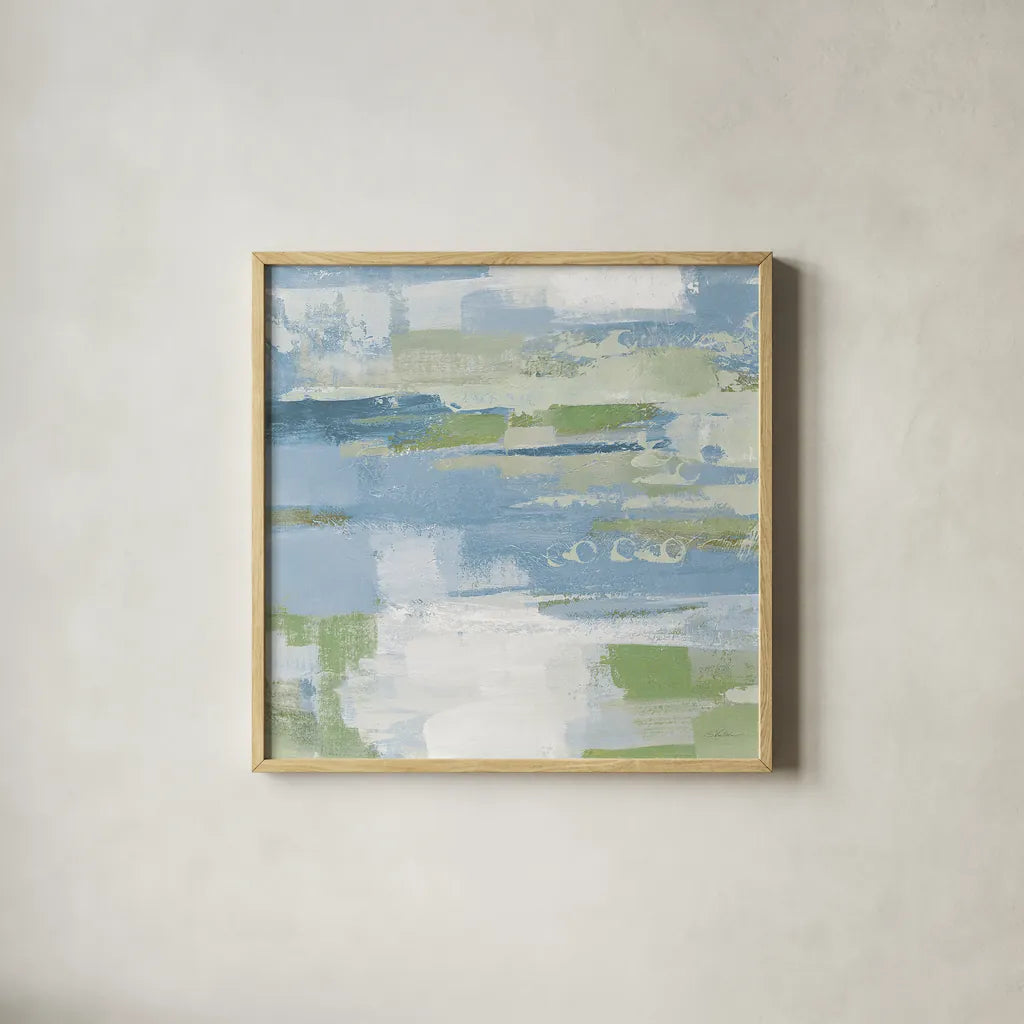 Urban Walkway II Blue and Green by Silvia Vassileva. Shown in a natural wood glass frame for a timeless modern aesthetic. Available as an archival giclee rolled canvas, fine art paper, or poster print. SKU 23628a.