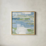 Urban Walkway II Blue and Green by Silvia Vassileva. Shown in a natural wood glass frame for a timeless modern aesthetic. Available as an archival giclee rolled canvas, fine art paper, or poster print. SKU 23628a.