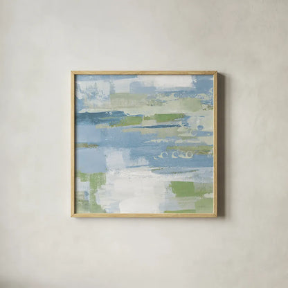 Urban Walkway II Blue and Green by Silvia Vassileva. Shown in a natural wood glass frame for a timeless modern aesthetic. Available as an archival giclee rolled canvas, fine art paper, or poster print. SKU 23628a.