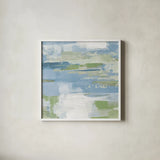 Urban Walkway II Blue and Green by Silvia Vassileva. Shown in a crisp white glass frame for a clean and minimalist style. Available as an archival giclee rolled canvas, fine art paper, or poster print. SKU 23628a.
