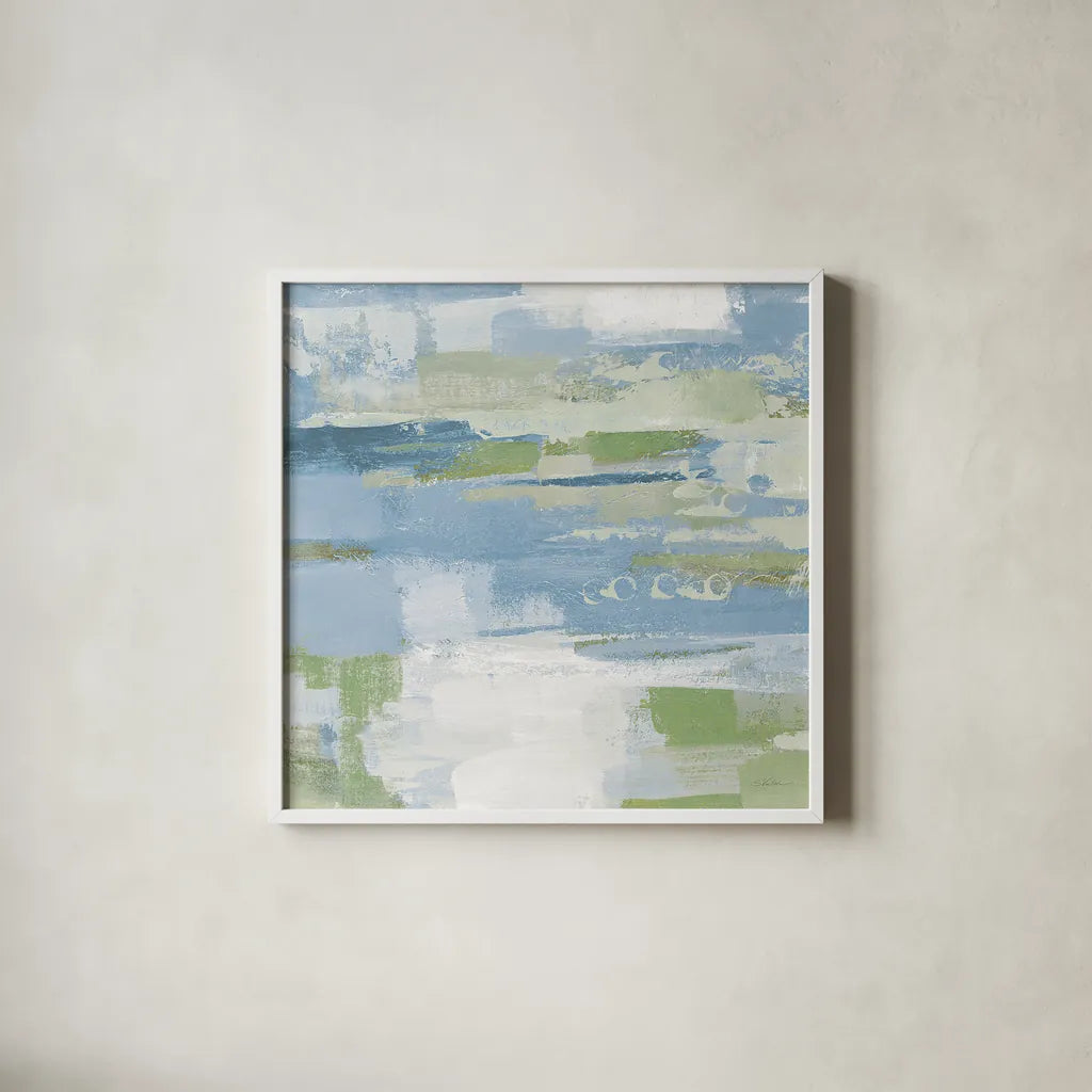 Urban Walkway II Blue and Green by Silvia Vassileva. Shown in a crisp white glass frame for a clean and minimalist style. Available as an archival giclee rolled canvas, fine art paper, or poster print. SKU 23628a.