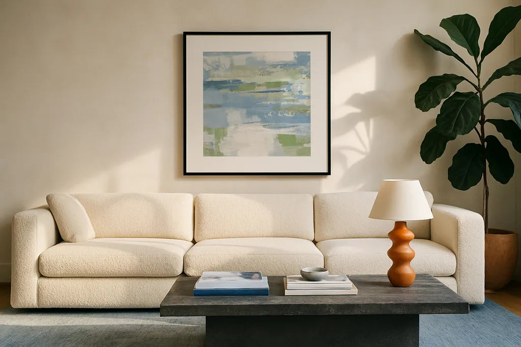 Urban Walkway II Blue and Green by Silvia Vassileva. Displayed in a glass frame with matte in a clean modern living room. Available as an archival giclee rolled canvas, fine art paper, or poster print. SKU 23628a.