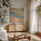 Urban Walkway II Bright by Silvia Vassileva. Shown in a natural wood frame in a cozy modern living room. Available as an archival giclee rolled canvas, fine art paper, or poster print. SKU 33624a.