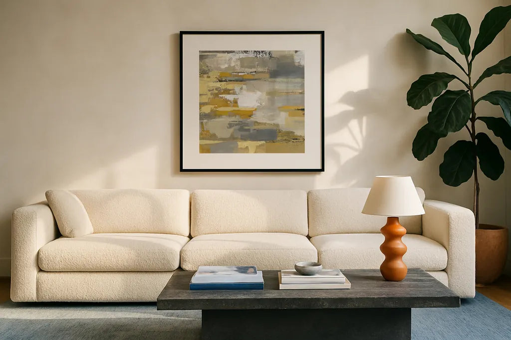 Urban Walkway III by Silvia Vassileva. Displayed in a glass frame with matte in a clean modern living room. Available as an archival giclee rolled canvas, fine art paper, or poster print. SKU 21598a.