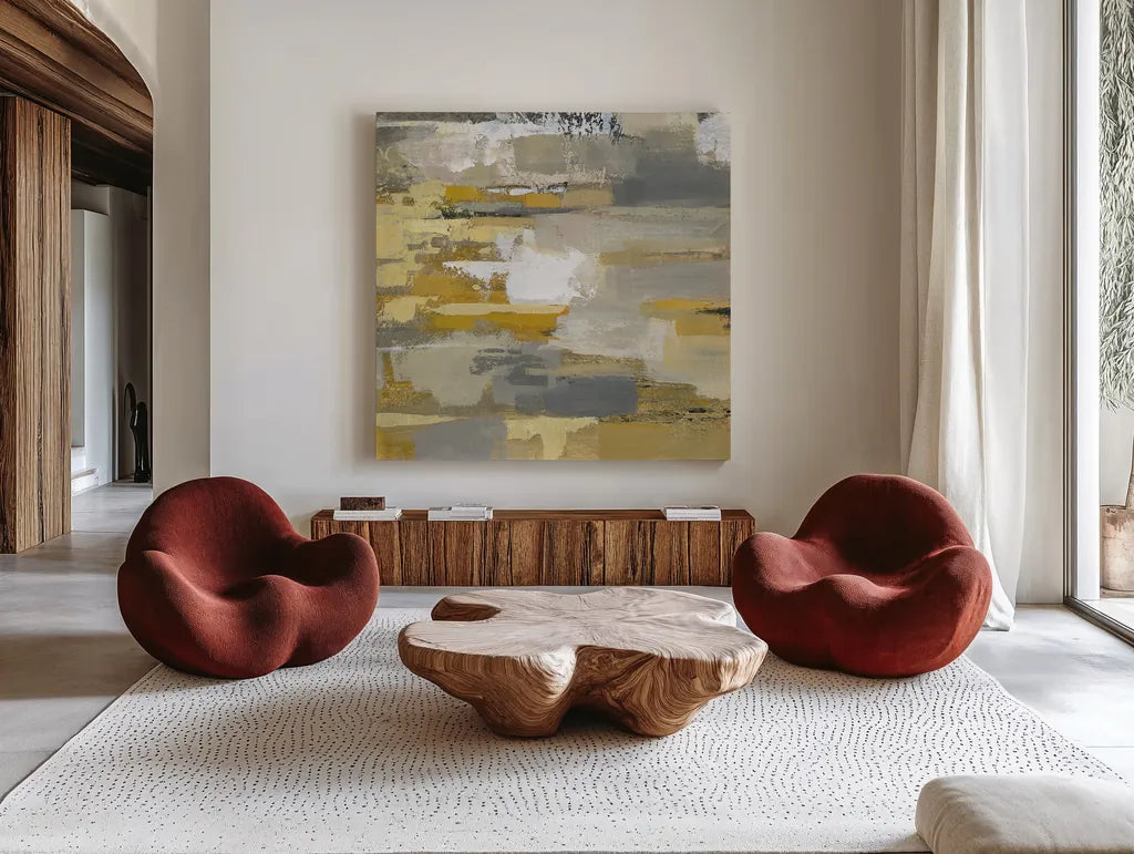 Urban Walkway III by Silvia Vassileva. Shown as extra-large giant wall art in a modern living room. Available as an archival giclee rolled canvas, fine art paper, or poster print. SKU 21598a.