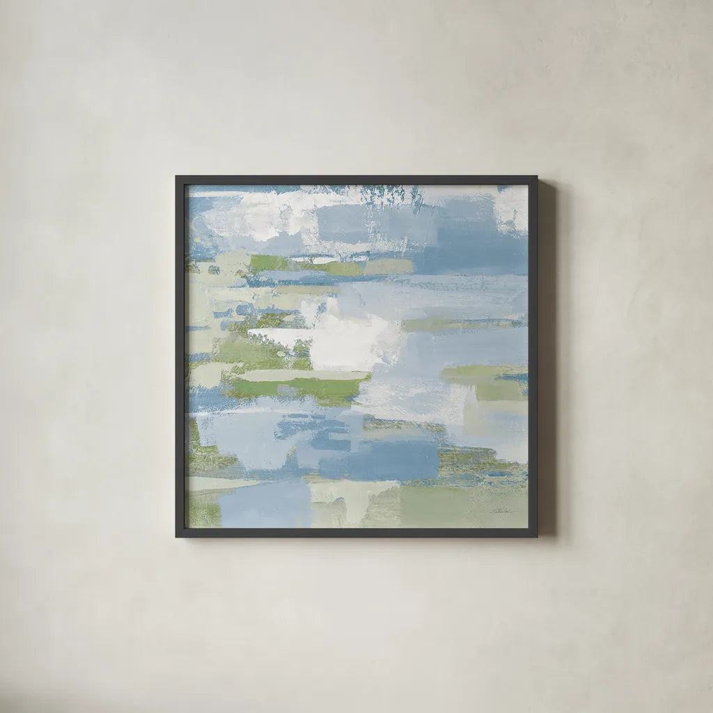 Urban Walkway III Blue and Green by Silvia Vassileva. Shown in a sleek black glass frame for a contemporary gallery look. Available as an archival giclee rolled canvas, fine art paper, or poster print. SKU 23629a.