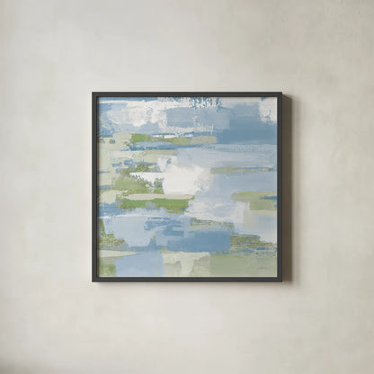 Urban Walkway III Blue and Green by Silvia Vassileva. Shown in a sleek black glass frame for a contemporary gallery look. Available as an archival giclee rolled canvas, fine art paper, or poster print. SKU 23629a.
