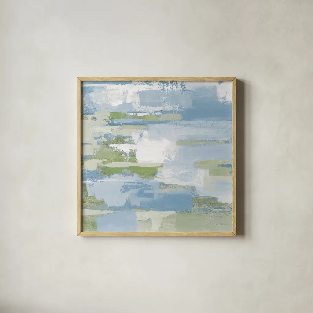 Urban Walkway III Blue and Green by Silvia Vassileva. Shown in a natural wood glass frame for a timeless modern aesthetic. Available as an archival giclee rolled canvas, fine art paper, or poster print. SKU 23629a.