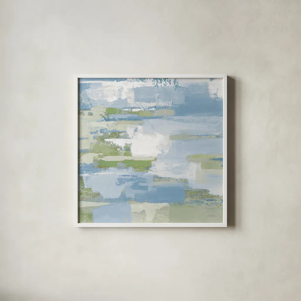Urban Walkway III Blue and Green by Silvia Vassileva. Shown in a crisp white glass frame for a clean and minimalist style. Available as an archival giclee rolled canvas, fine art paper, or poster print. SKU 23629a.