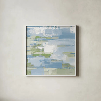 Urban Walkway III Blue and Green by Silvia Vassileva. Shown in a crisp white glass frame for a clean and minimalist style. Available as an archival giclee rolled canvas, fine art paper, or poster print. SKU 23629a.