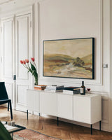 Valley River by Silvia Vassileva. shown as a framed stretched canvas in a living room above a console. Available as a archival giclee rolled canvas, fine art paper, or poster print. SKU 97925i.