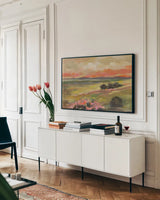 Valley View by Silvia Vassileva. shown as a framed stretched canvas in a living room above a console. Available as a archival giclee rolled canvas, fine art paper, or poster print. SKU 97921i.