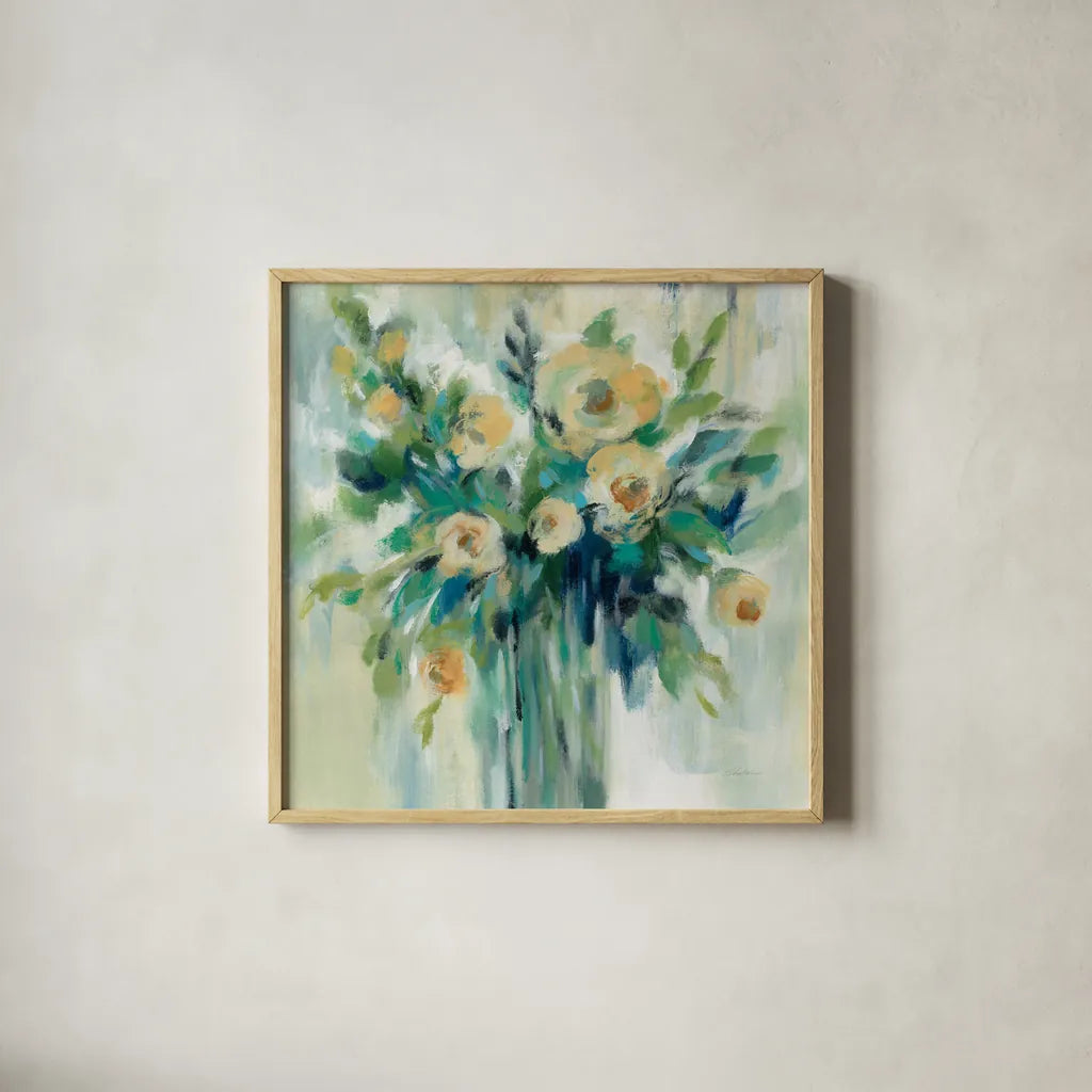 Vase of Flowers by Silvia Vassileva. Shown in a natural wood glass frame for a timeless modern aesthetic. Available as an archival giclee rolled canvas, fine art paper, or poster print. SKU 55658a.