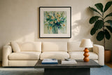 Vase of Flowers by Silvia Vassileva. Displayed in a glass frame with matte in a clean modern living room. Available as an archival giclee rolled canvas, fine art paper, or poster print. SKU 55658a.