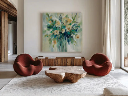 Vase of Flowers by Silvia Vassileva. Shown as extra-large giant wall art in a modern living room. Available as an archival giclee rolled canvas, fine art paper, or poster print. SKU 55658a.