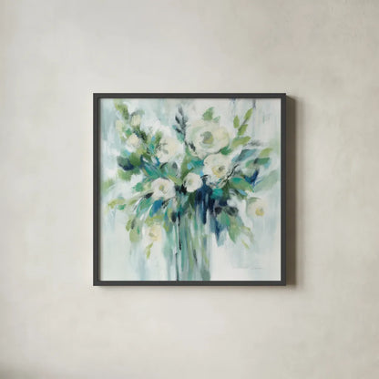 Vase of Flowers Light by Silvia Vassileva. Shown in a sleek black glass frame for a contemporary gallery look. Available as an archival giclee rolled canvas, fine art paper, or poster print. SKU 59686a.