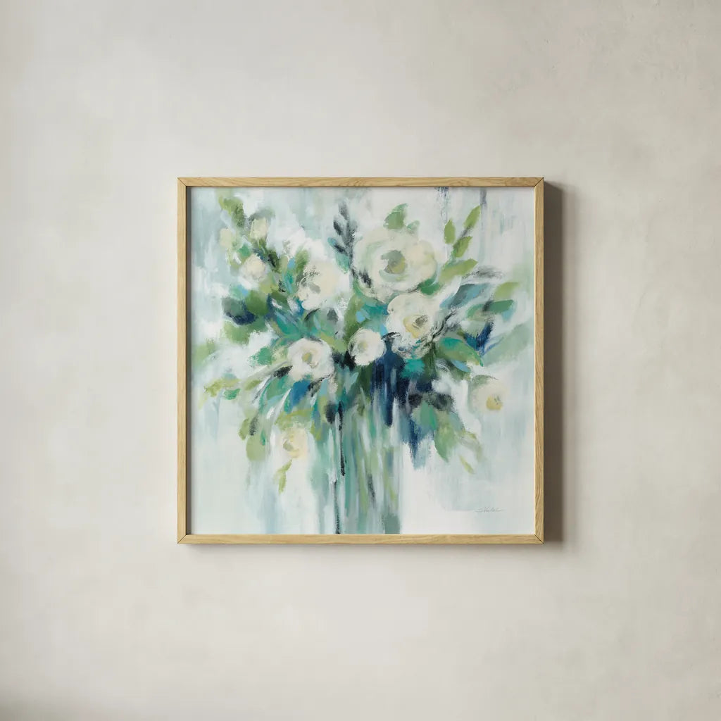 Vase of Flowers Light by Silvia Vassileva. Shown in a natural wood glass frame for a timeless modern aesthetic. Available as an archival giclee rolled canvas, fine art paper, or poster print. SKU 59686a.