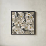 Velvety Florals Neutral II by Silvia Vassileva. Shown in a sleek black glass frame for a contemporary gallery look. Available as an archival giclee rolled canvas, fine art paper, or poster print. SKU 23591a.
