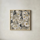 Velvety Florals Neutral II by Silvia Vassileva. Shown in a natural wood glass frame for a timeless modern aesthetic. Available as an archival giclee rolled canvas, fine art paper, or poster print. SKU 23591a.