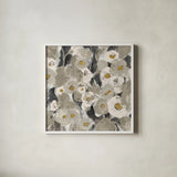 Velvety Florals Neutral II by Silvia Vassileva. Shown in a crisp white glass frame for a clean and minimalist style. Available as an archival giclee rolled canvas, fine art paper, or poster print. SKU 23591a.