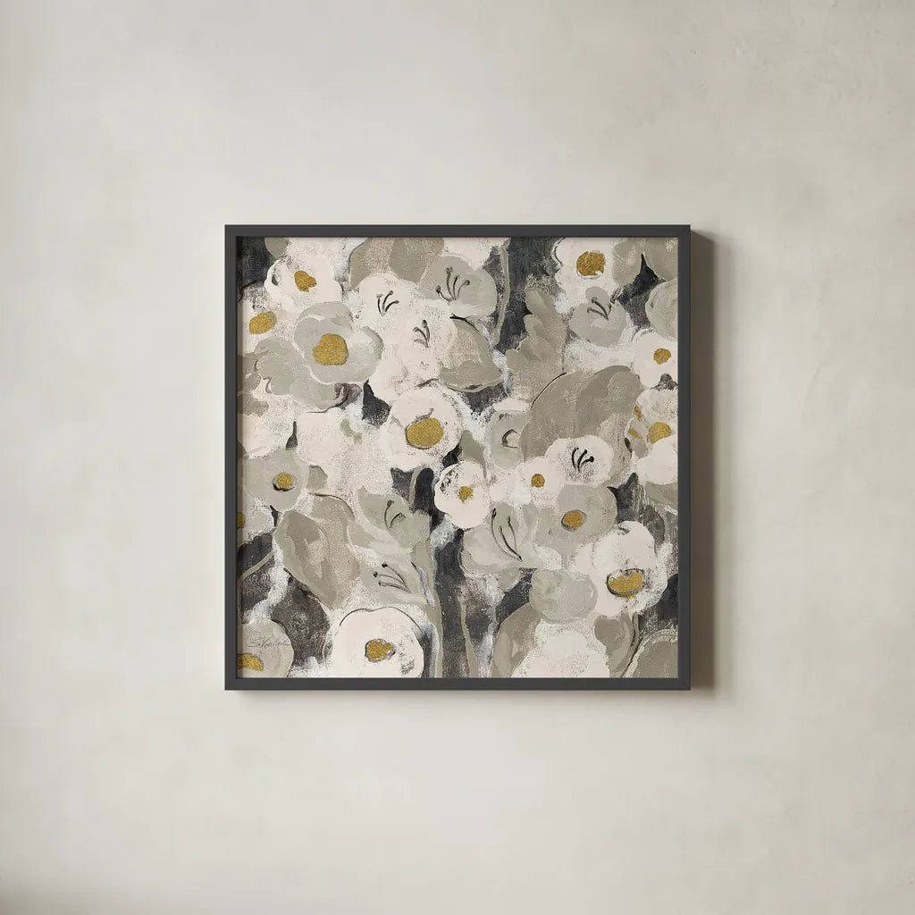 Velvety Florals Neutral III by Silvia Vassileva. Shown in a sleek black glass frame for a contemporary gallery look. Available as an archival giclee rolled canvas, fine art paper, or poster print. SKU 23592a.
