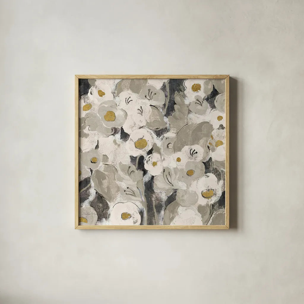 Velvety Florals Neutral III by Silvia Vassileva. Shown in a natural wood glass frame for a timeless modern aesthetic. Available as an archival giclee rolled canvas, fine art paper, or poster print. SKU 23592a.