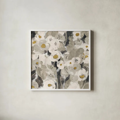 Velvety Florals Neutral III by Silvia Vassileva. Shown in a crisp white glass frame for a clean and minimalist style. Available as an archival giclee rolled canvas, fine art paper, or poster print. SKU 23592a.