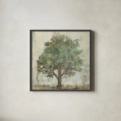 Verdi Trees I Light Green Crop by Silvia Vassileva. Shown in a sleek black glass frame for a contemporary gallery look. Available as an archival giclee rolled canvas, fine art paper, or poster print. SKU 43771a.