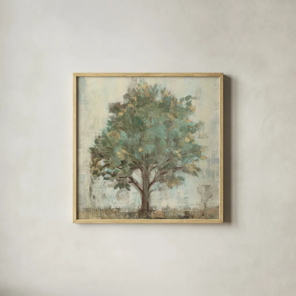 Verdi Trees I Light Green Crop by Silvia Vassileva. Shown in a natural wood glass frame for a timeless modern aesthetic. Available as an archival giclee rolled canvas, fine art paper, or poster print. SKU 43771a.