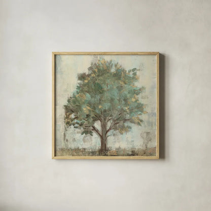 Verdi Trees I Light Green Crop by Silvia Vassileva. Shown in a natural wood glass frame for a timeless modern aesthetic. Available as an archival giclee rolled canvas, fine art paper, or poster print. SKU 43771a.