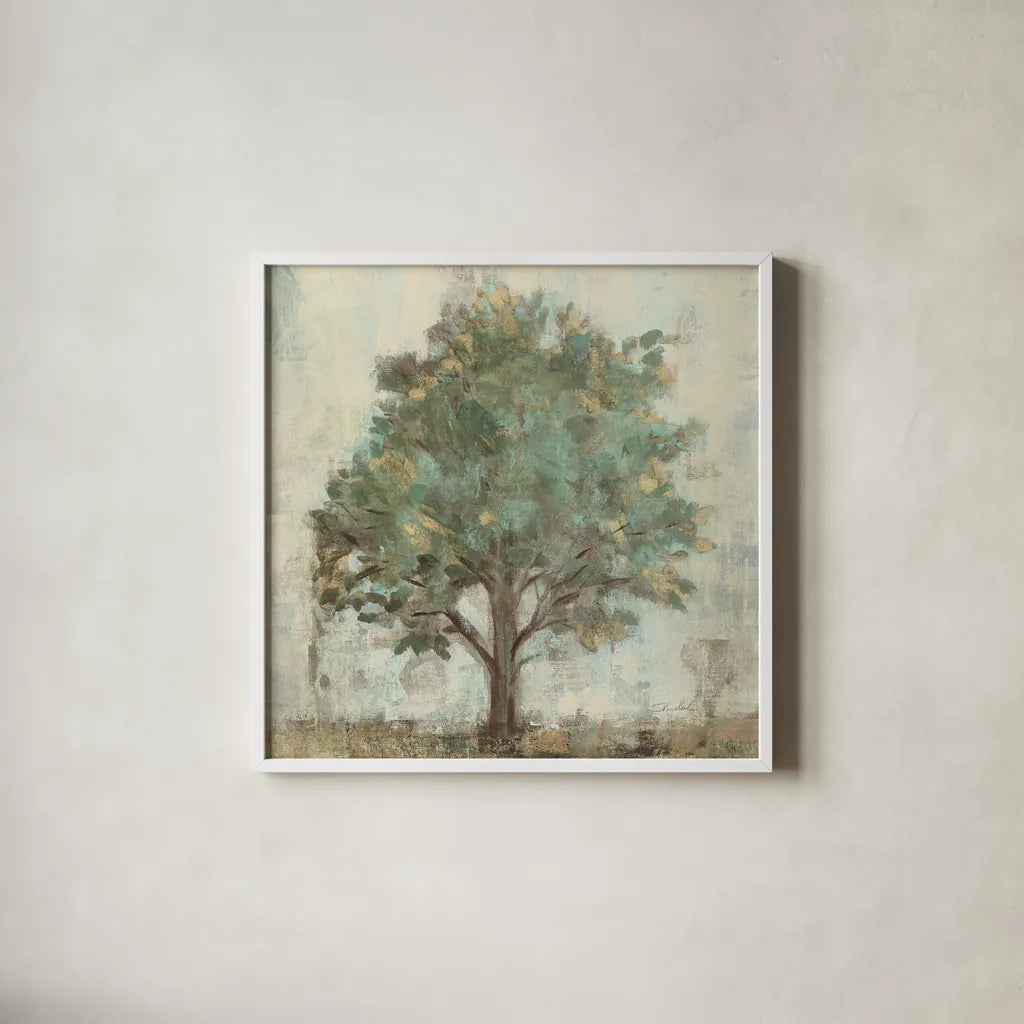 Verdi Trees I Light Green Crop by Silvia Vassileva. Shown in a crisp white glass frame for a clean and minimalist style. Available as an archival giclee rolled canvas, fine art paper, or poster print. SKU 43771a.